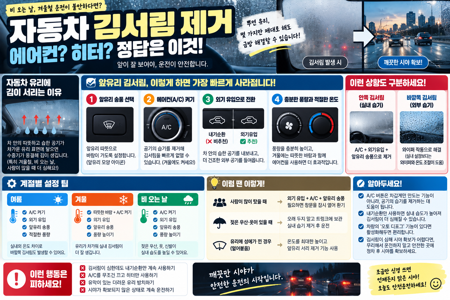 자동차 김서림 제거 앞유리 에어컨 히터 외기유입 디포그 사용방법