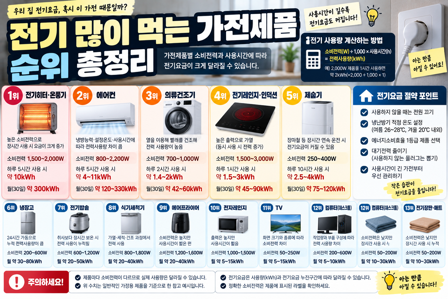 전기 많이 먹는 가전제품 에어컨 전기히터 건조기 제습기 냉장고 전기요금 비교