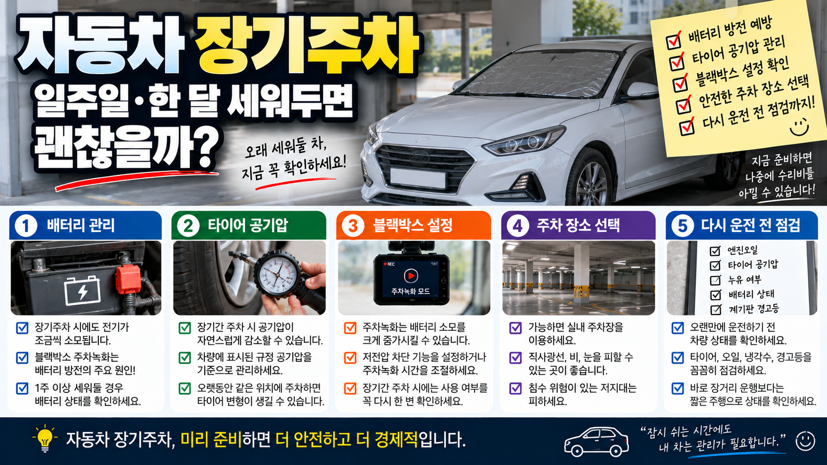 자동차 장기주차 일주일 한 달 배터리 방전 블랙박스 타이어 공기압 관리 방법