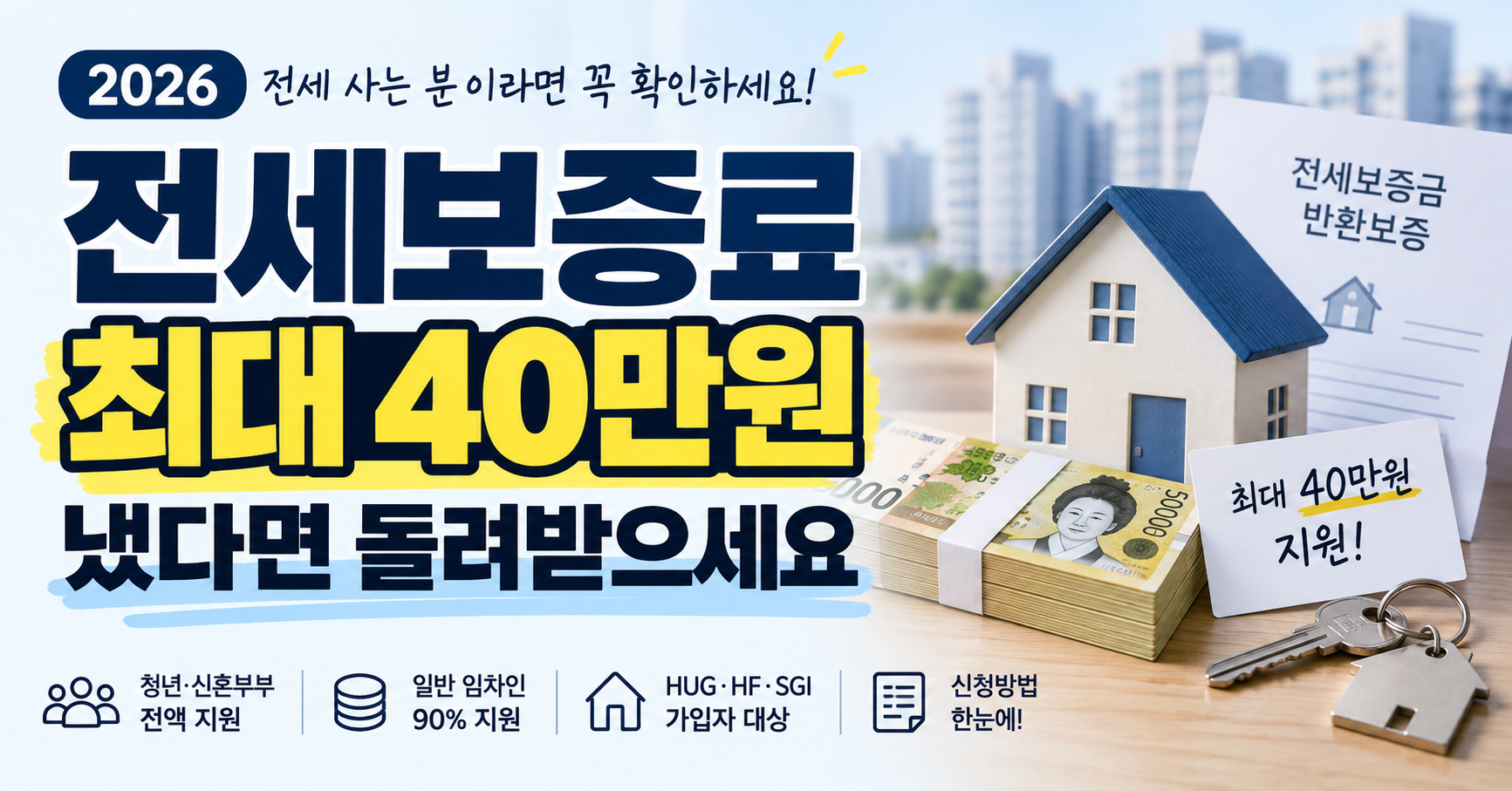 2026 전세보증금 반환보증 보증료 지원 안내, 청년·신혼부부 및 일반 임차인이 최대 40만원까지 보증료를 지원받을 수 있는 제도 소개 이미지