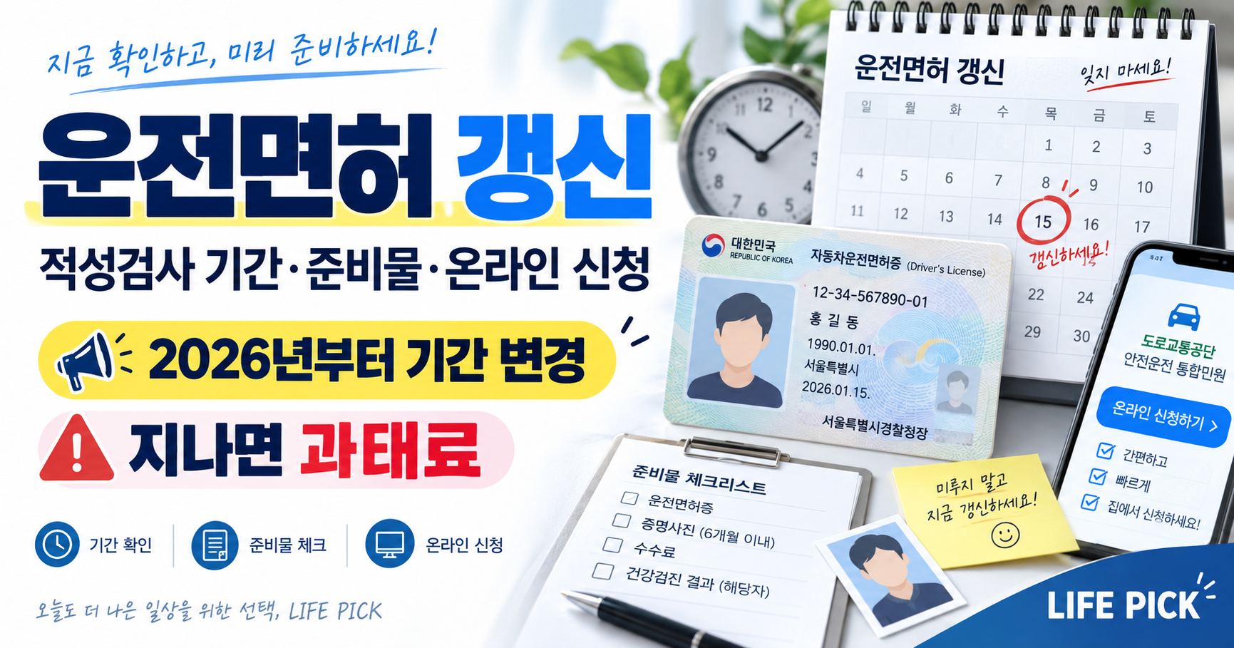 운전면허 갱신 및 적성검사 안내, 1종·2종 갱신기간과 준비물·온라인 신청·과태료 정보를 소개하는 이미지