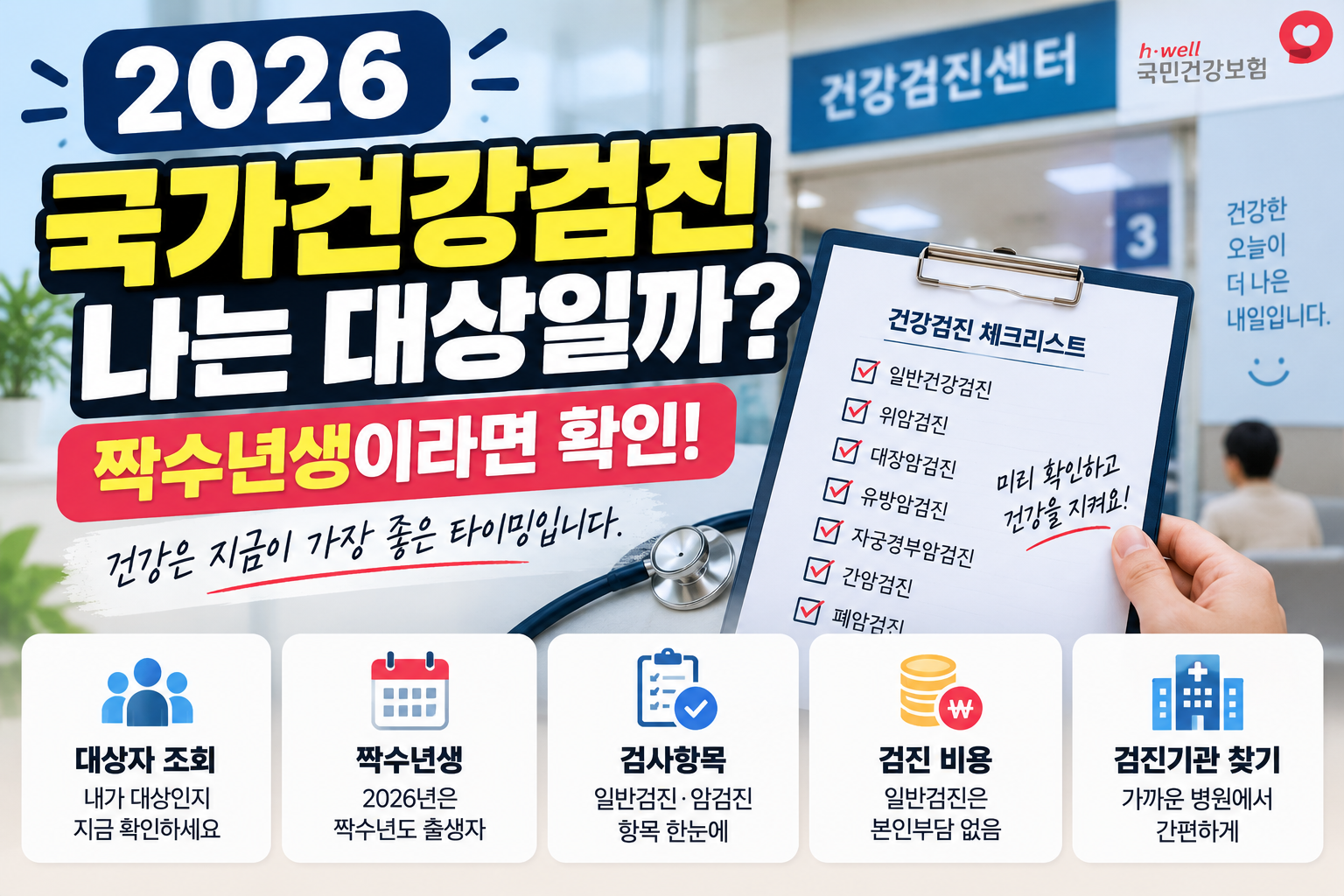 2026 국가건강검진 대상자 조회 안내, 짝수년생과 직장인·지역가입자의 검진 대상 및 검사항목·비용을 소개하는 이미지