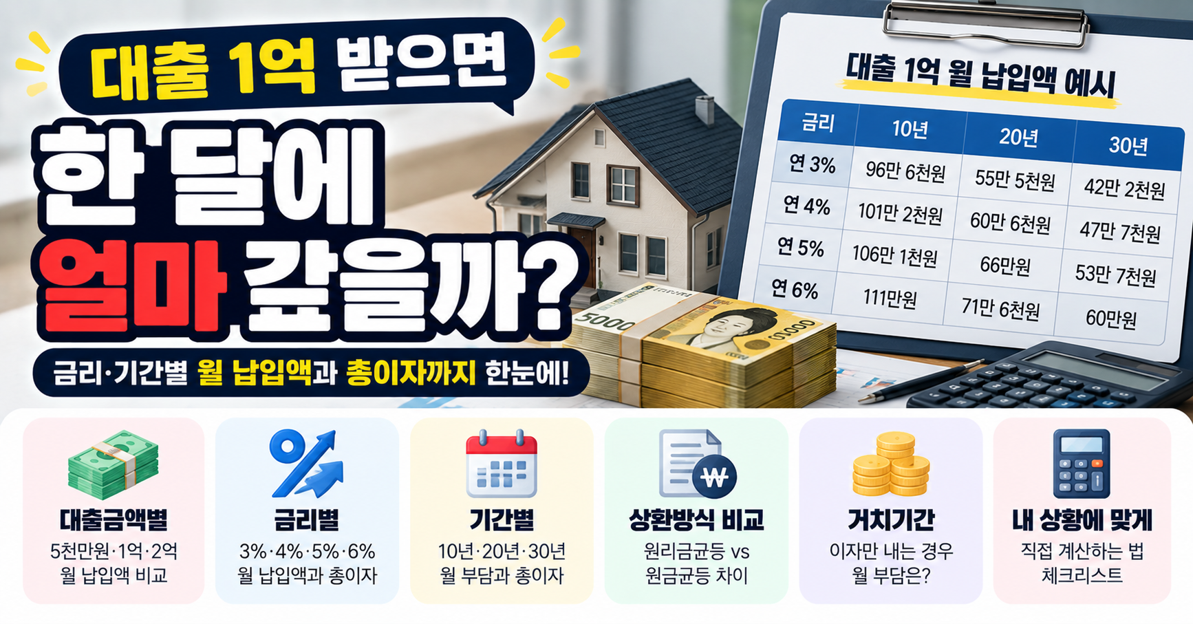 대출 1억 한달 상환금 금리 기간별 원금 이자 계산